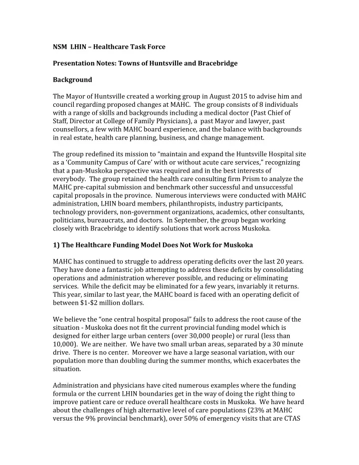 nsm lhin healthcare task force presentation notes towns