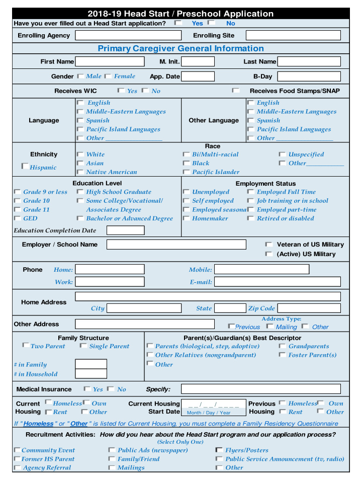 2018 19 head start preschool application