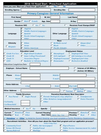 2018-19 Head Start / Preschool Application  Have you ever filled out a Head Start application?
