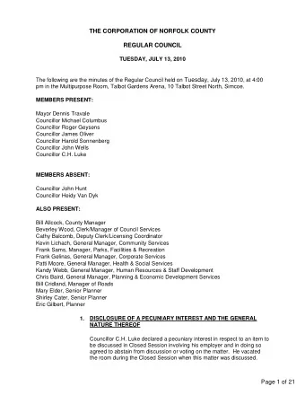 Page 2 of 21 Regular Council Minutes Tuesday, July 13, 2010  $2.00 conditional to the Club