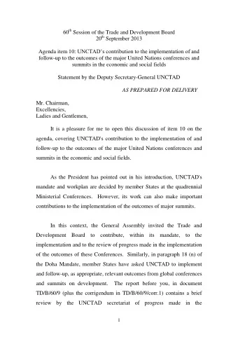 60 th Session of the Trade and Development Board 20 th September 2013 Agenda item 10: UNCTADs