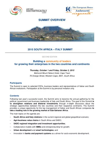 SUMMIT OVERVIEW  2015 SOUTH AFRICA  ITALY SUMMIT  SECOND EDITION  Building a community of