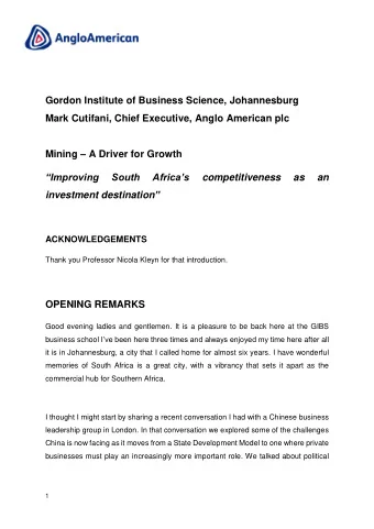 Gordon Institute of Business Science, Johannesburg  Mark Cutifani, Chief Executive, Anglo American