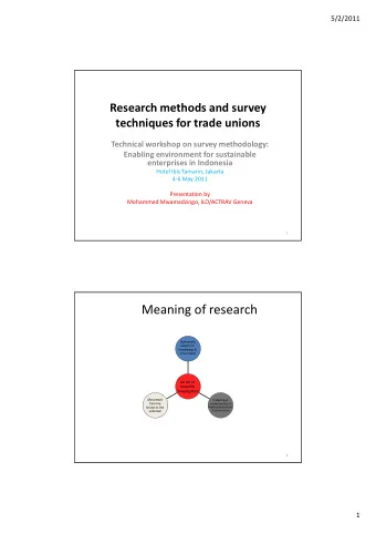 Meaning of research  Systematic  search for  knowledge &amp;  information  An art of  scientific