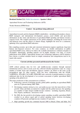Breakout Session C1.1. Public Investments  Speakers Brief  Agricultural Science and