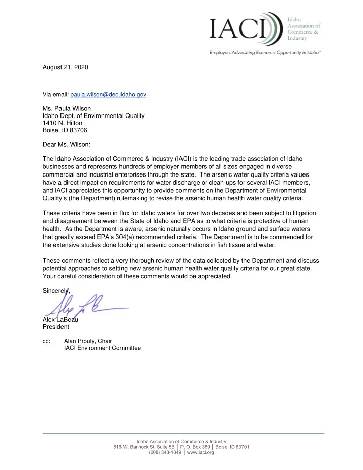 august 21 2020 via email paula wilson deq idaho gov ms