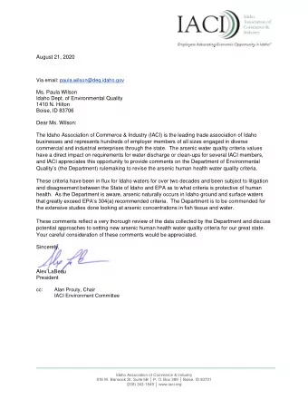 August 21, 2020  Via email: paula.wilson@deq.idaho.gov  Ms. Paula Wilson  Idaho Dept. of