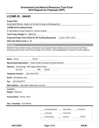 LCCMR ID: 048-B1  Project Title:  Sustainable Biofuels: Impacts of Climate Change and Management