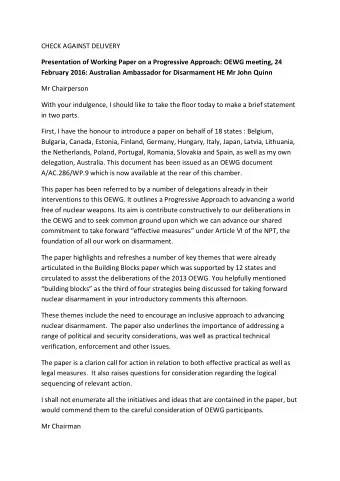 CHECK AGAINST DELIVERY  Presentation of Working Paper on a Progressive Approach: OEWG meeting, 24