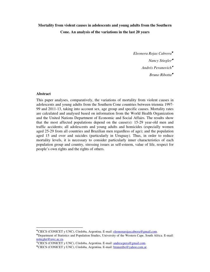 mortality from violent causes in adolescents and young
