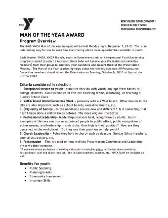 MAN OF THE YEAR AWARD  Program Overview  The 64th YMCA Man of the Year banquet will be held Monday