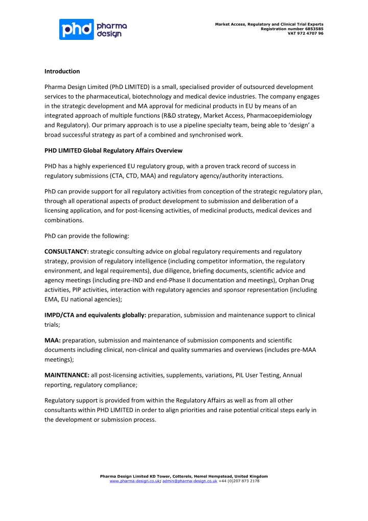 introduction pharma design limited phd limited is a small