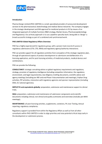 Introduction  Pharma Design Limited (PhD LIMITED) is a small, specialised provider of outsourced