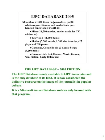 IJPC DATABASE 2005  More than 41,000 items on journalists, public  relations practitioners and