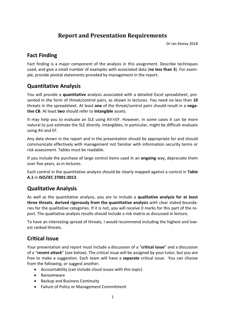 report and presentation requirements