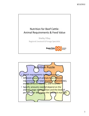 Nutrition Puzzle  Match requirements to feed resources  Different classes of animals have