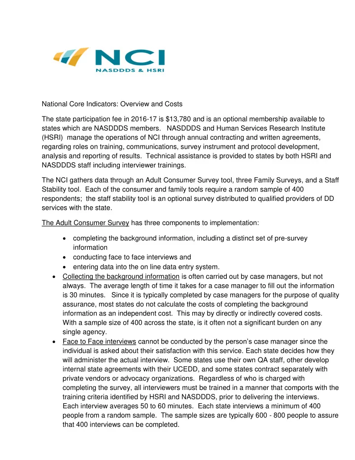 national core indicators overview and costs the state