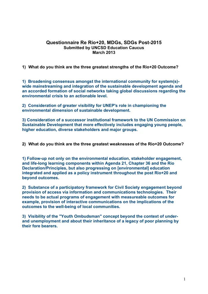 questionnaire re rio 20 mdgs sdgs post 2015