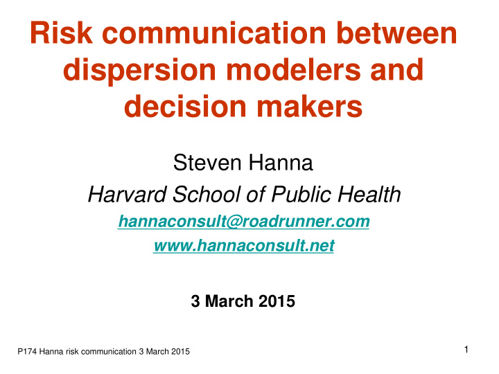 risk communication between dispersion modelers and