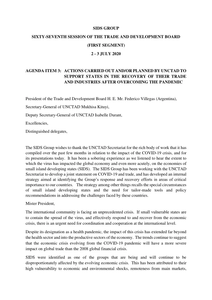 sids group sixty seventh session of the trade and