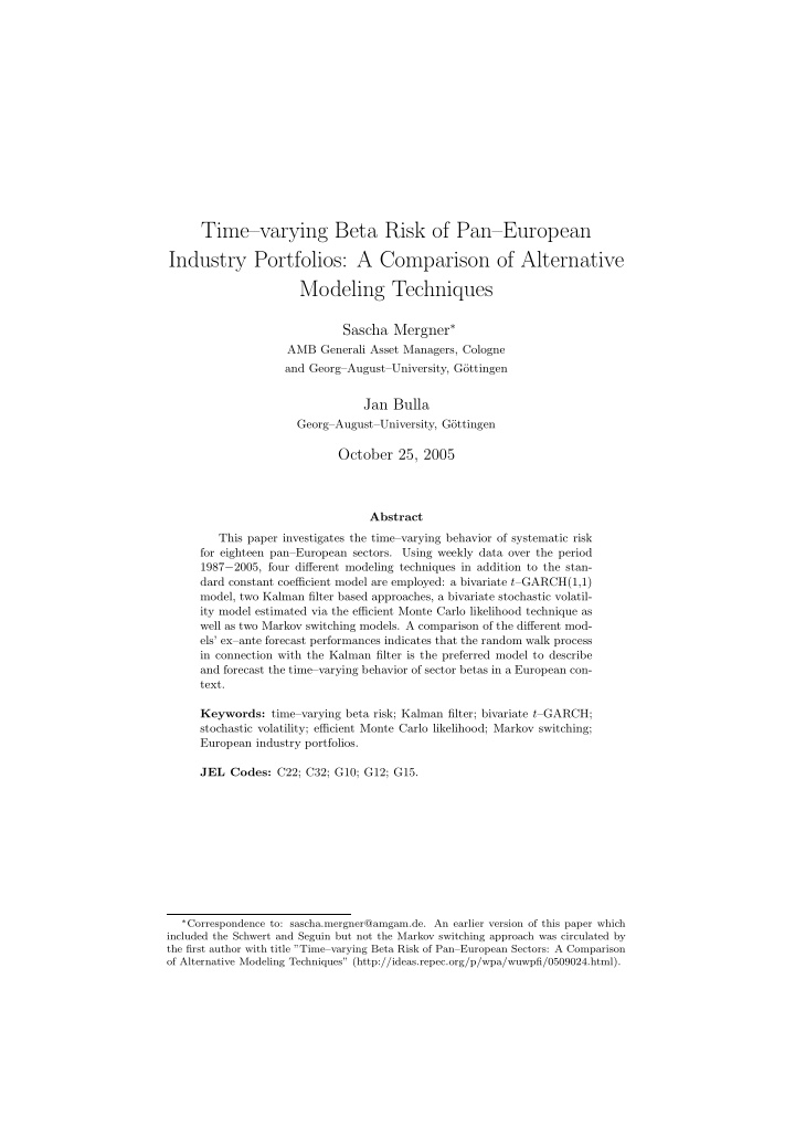 time varying beta risk of pan european industry