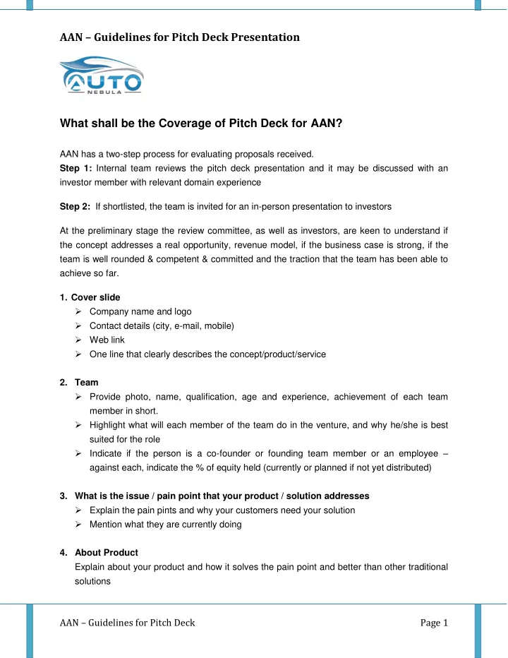 what shall be the coverage of pitch deck for aan