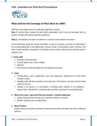 What shall be the Coverage of Pitch Deck for AAN?  AAN has a two-step process for evaluating