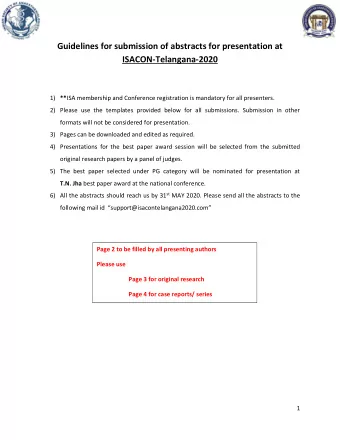 Guidelines for submission of abstracts for presentation at  ISACON-Telangana-2020 1) ** ISA
