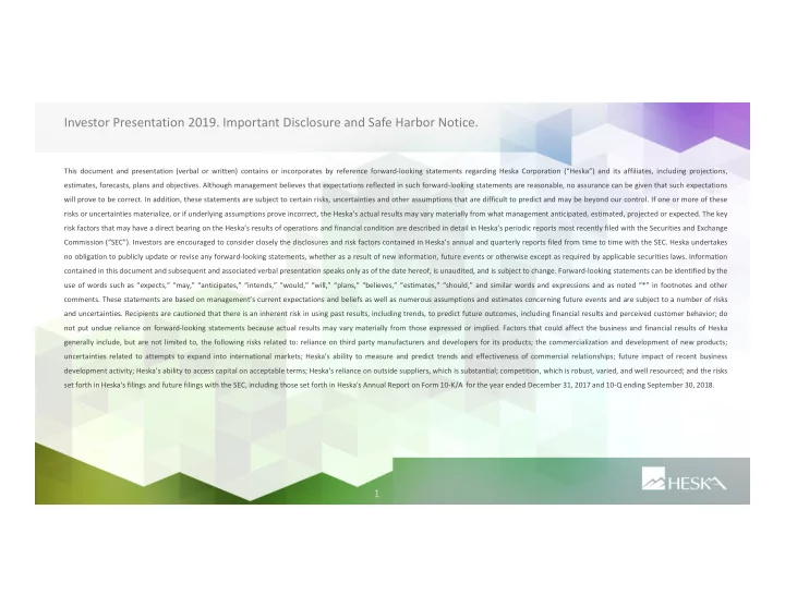 investor presentation 2019 important disclosure and safe