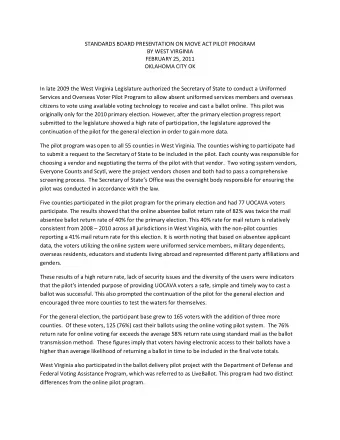 STANDARDS BOARD PRESENTATION ON MOVE ACT PILOT PROGRAM  BY WEST VIRGINIA  FEBRUARY 25, 2011