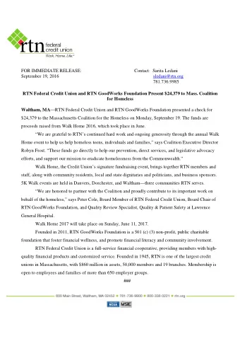 RTN Federal Credit Union and RTN GoodWorks Foundation Present $24,379 to Mass. Coalition  for