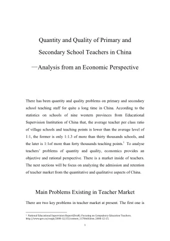 Quantity and Quality of Primary and  Secondary School Teachers in China  Analysis from an