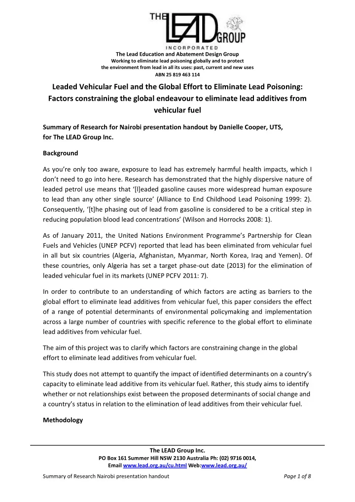 leaded vehicular fuel and the global effort to eliminate