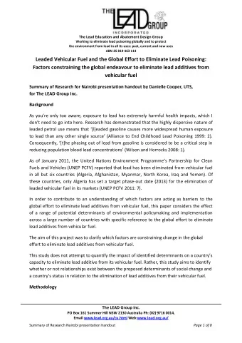 Leaded Vehicular Fuel and the Global Effort to Eliminate Lead Poisoning:  Factors constraining the