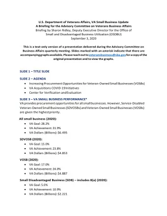 SLIDE 1  TITLE SLIDE  SLIDE 2  AGENDA  IncreasingProcurementOpportunities forVeteran-Owned