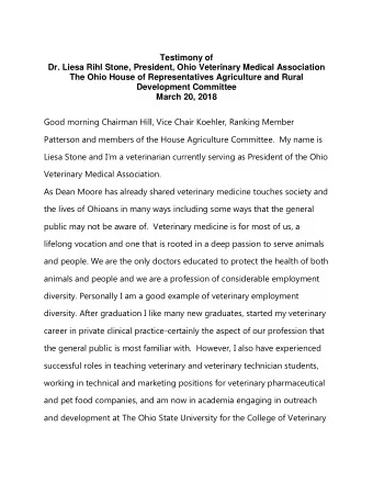 Testimony of  Dr. Liesa Rihl Stone, President, Ohio Veterinary Medical Association  The Ohio House