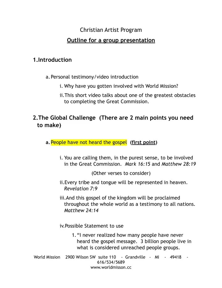 christian artist program outline for a group presentation