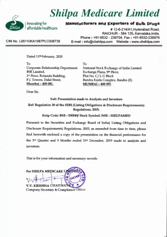 Shilpa  Medicare  Limited  (SML)  Certain statements in this document may be forward-looking