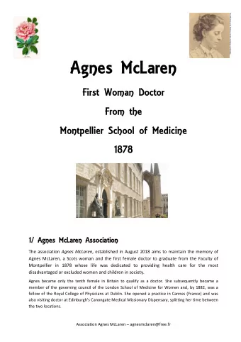 Agnes McLaren  First Woman Doctor  From the  Montpellier School of Medicine 1878  1/ Agnes McLaren