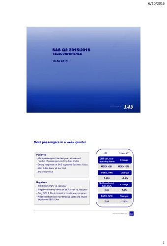 6/10/2016  SAS  SAS Q2 201  2015/2  /2016  TELECONFERENCE  10.06.2016  More passengers in a weak