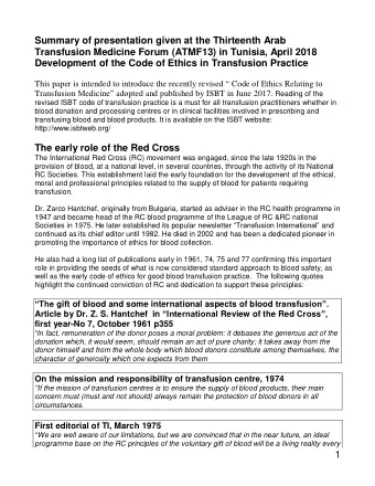 Summary of presentation given at the Thirteenth Arab  Transfusion Medicine Forum (ATMF13) in