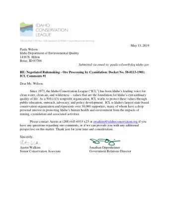 May 13, 2019  Paula Wilson  Idaho Department of Environmental Quality  1410 N. Hilton  Boise, ID