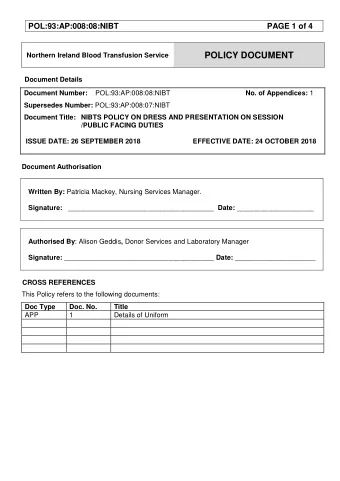 POLICY DOCUMENT Northern Ireland Blood Transfusion Service  Document Details Document Number: