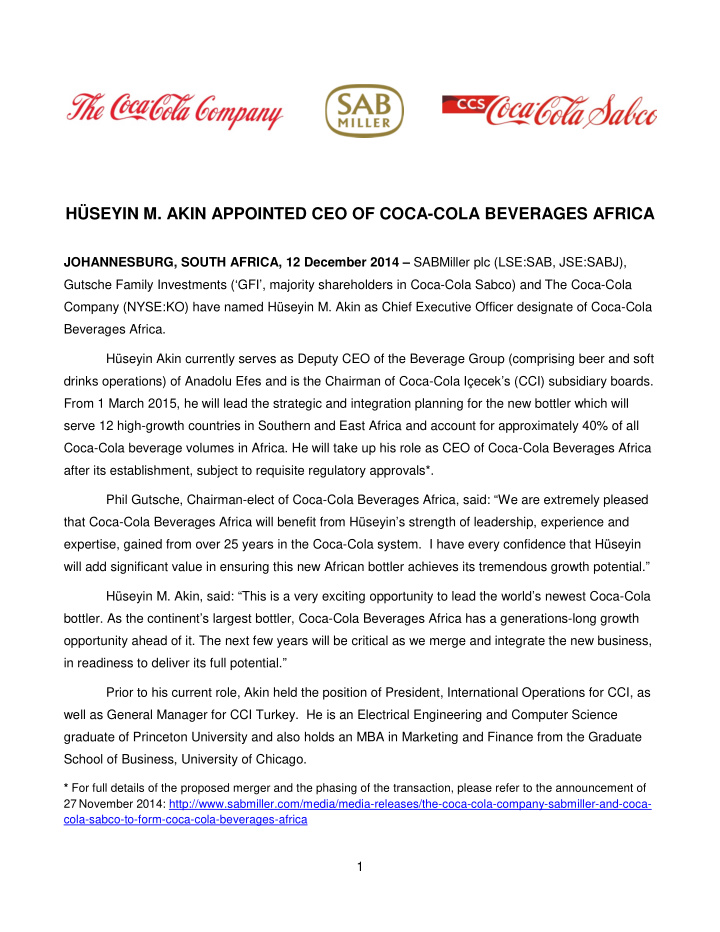 h seyin m akin appointed ceo of coca cola beverages
