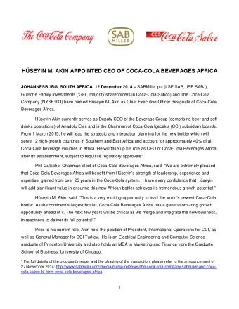 HSEYIN M. AKIN APPOINTED CEO OF COCA-COLA BEVERAGES AFRICA JOHANNESBURG, SOUTH AFRICA, 12