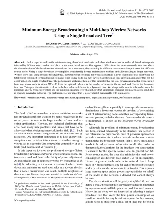 Minimum-Energy Broadcasting in Multi-hop Wireless Networks Using a Single Broadcast Tree * IOANNIS