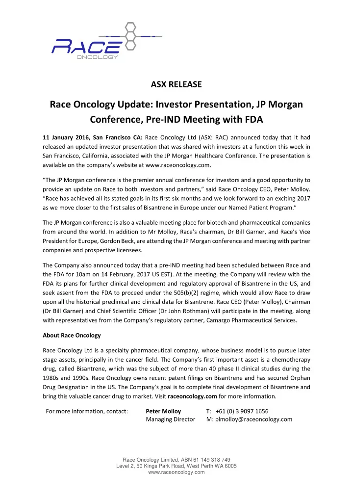 race oncology update investor presentation jp morgan