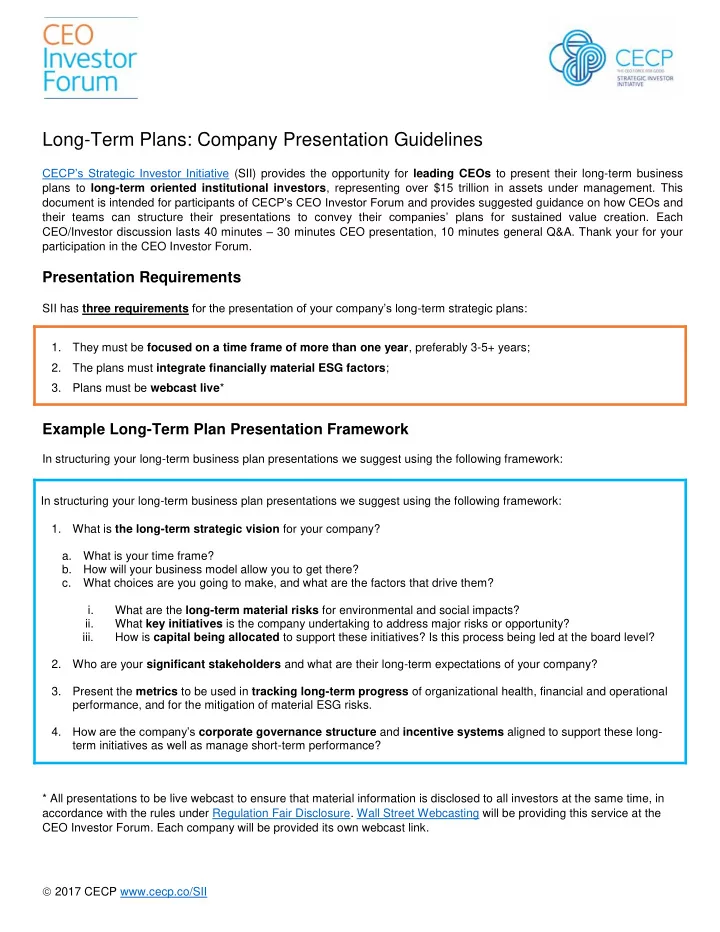 long term plans company presentation guidelines cecp s