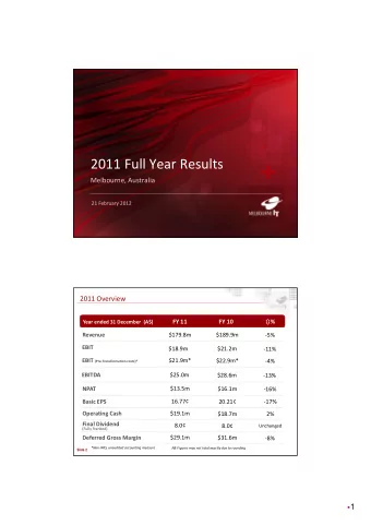 2011 Full Year Results Melbourne, Australia  21 February 2012 2011 Overview  % FY 11 FY 10 Year