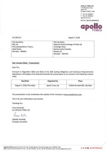 ap~l! APOLLO TYRES LTD  7 Institutional Area  Sector 32  Gurgaon 122001, India T: +91124 2383002 F: